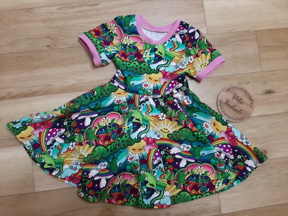 Rainbow Frog Twirly Dress Lily Pond Dress Floral Frog Twirly