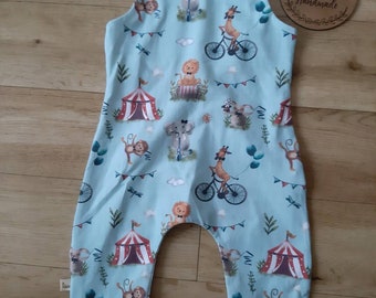 Organic circus print romper, big top dungarees, circus dungarees,  circus giraffe romper, baby circus romper, circus animal romper