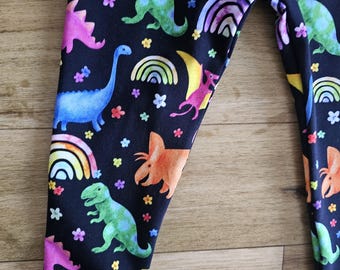 Girly dino and rainbow leggings, floral dinasour leggings, dinasours and rainbow leggings, purple dino leggings, Dinasour Leggings
