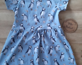 Puffin beach dress, Puffin and seashell dress, starfish dress, girls Beach dress, seaside theme dress, blue Puffin dress