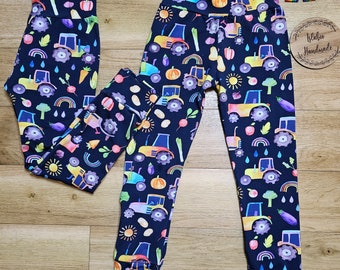 Rainbow tractor and veggie leggings,  rainbow tractor leggings,  navy rainbow and tractor leggings, unisex tractor rainbow leggings