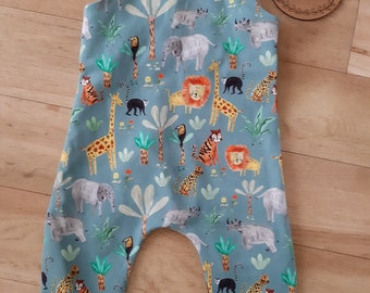 Safari animal romper, unisex Jungle animal romper, safari animal dungarees, lions, tigers, giraffes, elephant, rhino, monkey, toucan romper