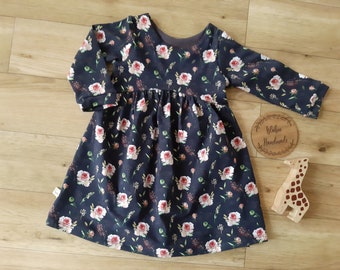 Navy floral dress, pink roses on navy dress, rose dress, navy rose dress, rose Autumn dress, girls navy floral print dress