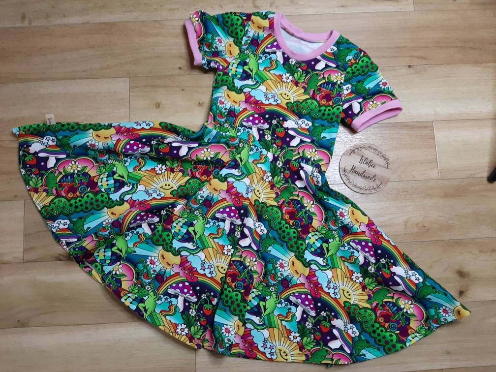Rainbow Frog Twirly Dress Lily Pond Dress Floral Frog Twirly