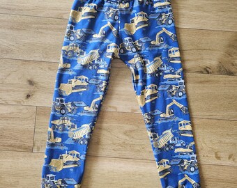 Vehicle leggings, truck leggings,  blue vehicle leggings, boys digger leggings, cat earth mover leggings