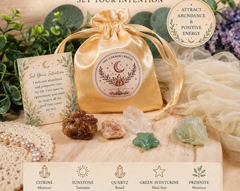 Prosperity Pouch – Crystal Gift Set for Abundance, Success, Opportunity | Citrine, Quartz, Green Aventurine, Prehnite, Sunstone