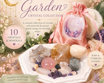 Enchanted Garden Crystal Set | 10 Crystal & Mineral Varieties | Quartz, Pink Topaz, Aquamarine, Sapphire | Raw and Tumbled Stone gift bag