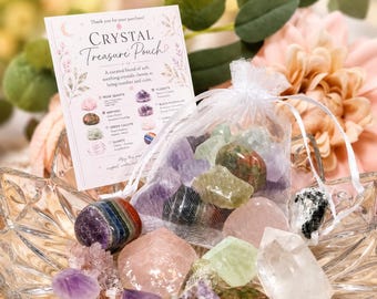 Crystal Treasure Pouch | Pastel Comfort Stones, Friendship Blend, Rose Quartz, Amethyst