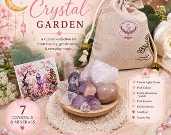 Cherry Blossom Crystal Garden Set | 7 Crystal & Mineral Varieties | Flower Agate, Kunzite, Rhodochrosite, Amethyst | Crystal Gift Set