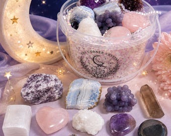 Moonlit Crystal Treasure Bucket | 10 Hand Selected Crystals + Moon Charm | Crystal Gift Set | Moon-Themed Collection | Unique Mineral Gift