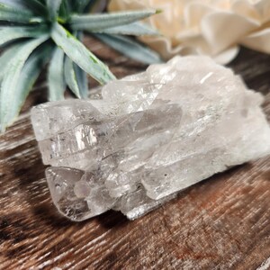 May include: A clear, crystalline quartz cluster with a rough, textured surface. The quartz is a pale, translucent white, with visible internal structures. The cluster is displayed on a wooden surface, with a blurred background of greenery and white flowers.