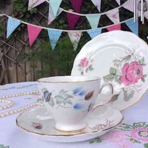 Bone china english mismatch blue tea trio, Colclough Cup, Royal Vale Saucer and Queen Anne Plate, perfect for tea time