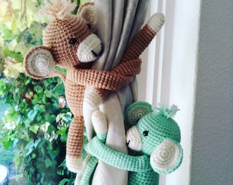 Crochet Monkey curtain tie backs. Nursery decorative curtains ties. Jungle nursery decoration. Baby shower newborn room gift.