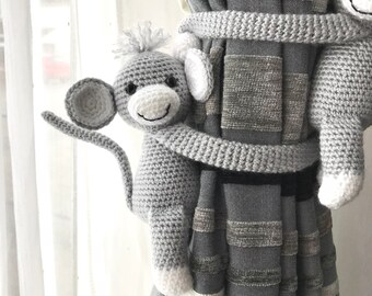Grey Monkey curtain tiebacks. Crochet curtain ties. Animal curtain tiebacks. Baby room curtain decoration. Baby shower gift.