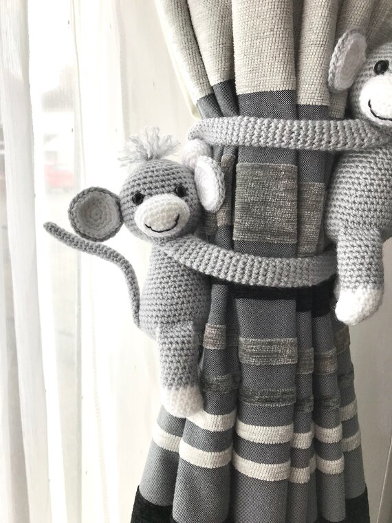 Grey Monkey Curtain Tiebacks Crochet Curtain Ties Animal Etsy