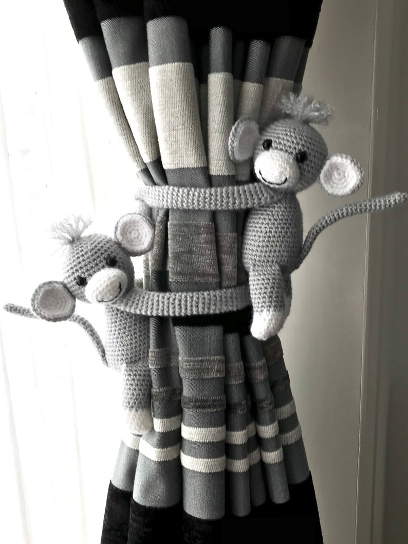 Baby room curtain decoration Crochet curtain ties Baby shower gift. Animal curtain tiebacks Grey Monkey curtain tiebacks