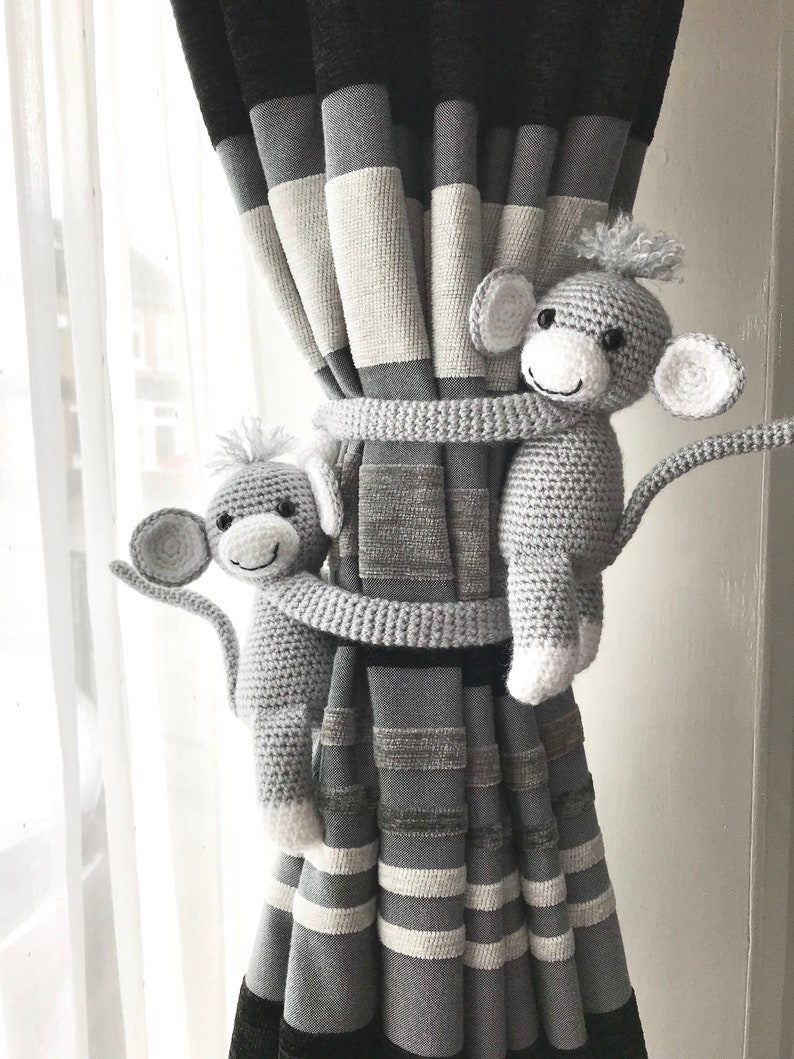 Baby room curtain decoration Crochet curtain ties Baby shower gift. Animal curtain tiebacks Grey Monkey curtain tiebacks