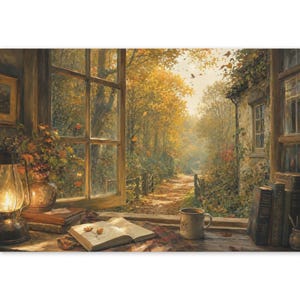 May include: A landscape art print showing an open window looking out onto an autumn forest path. On the windowsill sits a lit lantern, a vase of flowers, an open book, a ceramic mug, and a small stack of books against a stone wall frame.