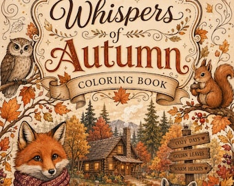 Puede incluir: Un libro para colorear titulado Whispers of Autumn con una portada ilustrada que muestra un zorro con bufanda, un mapache con una taza, un búho, una ardilla, una cabaña y un letrero con el texto Cozy Days, Golden Leaves, Warm Hearts.