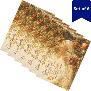 May include: A set of 6 rectangular cards featuring an autumn orchard scene with red apples on trees, a wooden basket of apples, and pumpkins. The text reads Give thanks, Give thanks to the Lord, for he is good; his love endures forever.