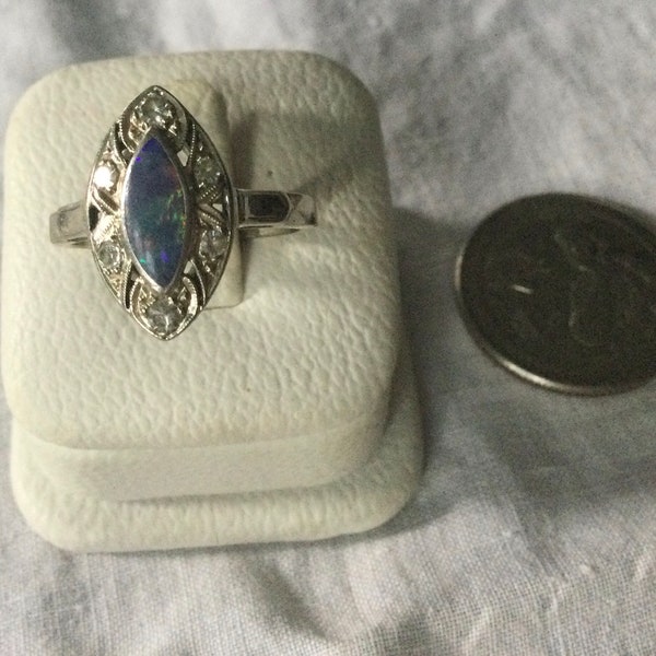 Antique 14kt white gold opal and diamond ring (C567)