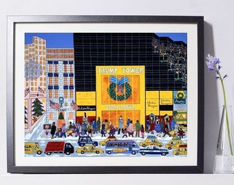 May include: Framed art print depicting a winter scene in New York City, featuring Trump Tower with a Christmas wreath. The artwork showcases a bustling street with pedestrians, cars, and shops like Tiffany & Co. and Salvatore Ferragamo.