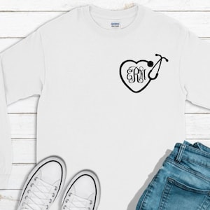 Monogrammed Nurse Shirt, Monogrammed Stethoscope Shirt, Glitter Nurse RN LPN MA cna Sleeve Design, Nurse Shirt, Glitter Monogram Shirt