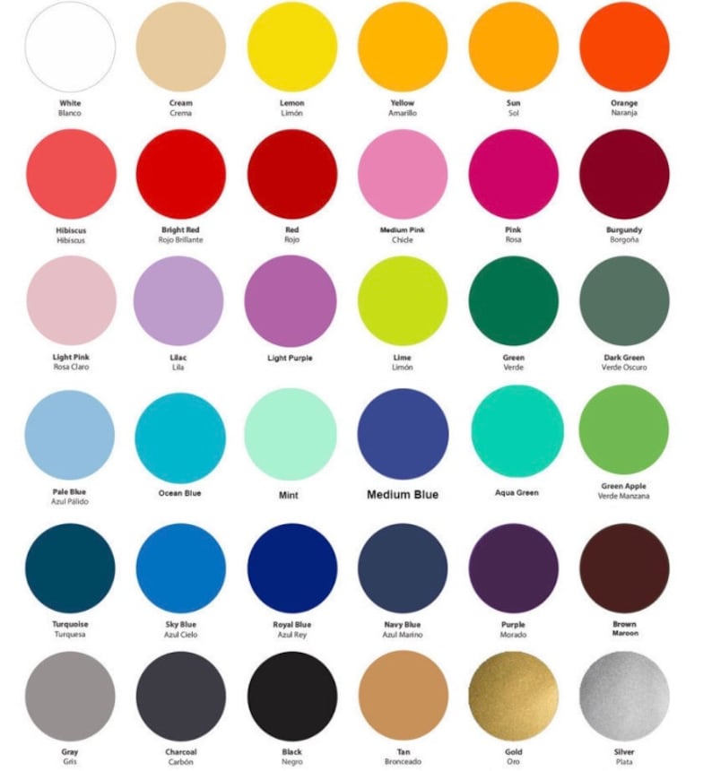 Puede incluir: Una tabla de 48 muestras de color diferentes con sus nombres en ingl&eacute;s y espa&ntilde;ol. Los colores est&aacute;n dispuestos en filas y columnas, con cada color teniendo un nombre correspondiente en ambos idiomas.