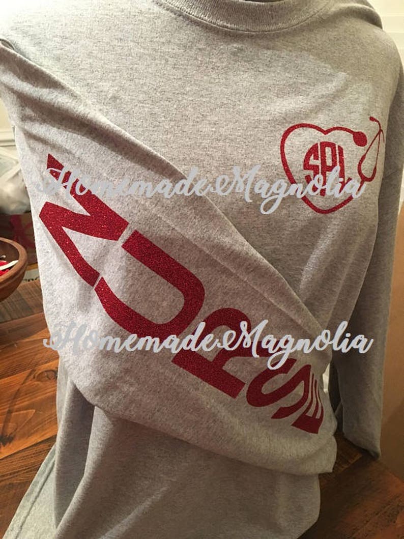 Monogrammed Nurse Shirt, Monogrammed Stethoscope Shirt, Glitter Nurse RN LPN MA cna Sleeve Design, Nurse Shirt, Glitter Monogram Shirt image 2