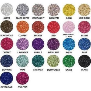 May include: A chart of 24 different colors of glitter, each color is represented by a small circle of glitter. The colors include silver, black silver, light multi, confetti, gold, old gold, black gold, copper, bronze, red, translucent light pink, blush, cherry, lavender, purple, eggplant, aqua, blue, sapphire, jade, emerald, light green, grass, black, royal blue, and hot pink.