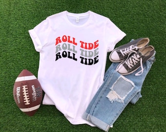 Camiseta Groovy Wave Roll Tide, camiseta retro de Alabama, regalo para estudiantes universitarios, camiseta de fútbol carmesí, camiseta de Bama Tailgating, camiseta de temporada de fútbol