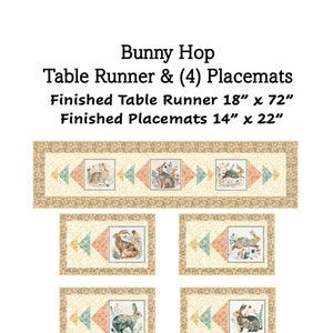 Può includere: Modello di trapunta per un runner da tavolo e quattro tovagliette con un design di coniglio. Il modello si chiama "Bunny Hop" ed è di Blue Bear Quilts. Il runner da tavolo finito misura 46 cm per 183 cm e le tovagliette finite misurano 36 cm per 56 cm. Il numero del modello è BBQ #202. Copyright 2023.