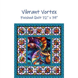 May include: A finished quilt titled "Vibrant Vortex" with dimensions of 72" x 79". The quilt features a central design of swirling colors and is framed by a teal border. The quilt pattern is by Blue Bear Quilts.