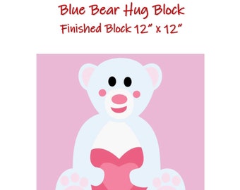 Blue Bear Hug Appliqué Quilt Block Pattern- Digital download