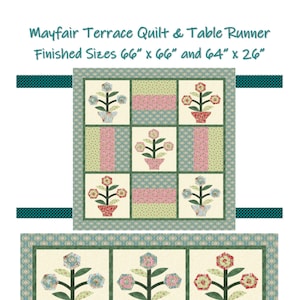 Könnte beinhalten: Quiltmuster für eine Mayfair Terrace-Decke und einen Tischläufer. Das Muster zeigt ein florales Design mit grünen Blättern und rosa, roten und blauen Blumen. Die Decke ist 168 cm x 168 cm groß und der Tischläufer 163 cm x 66 cm. Das Muster stammt von Blue Bear Quilts und ist urheberrechtlich geschützt 2021.