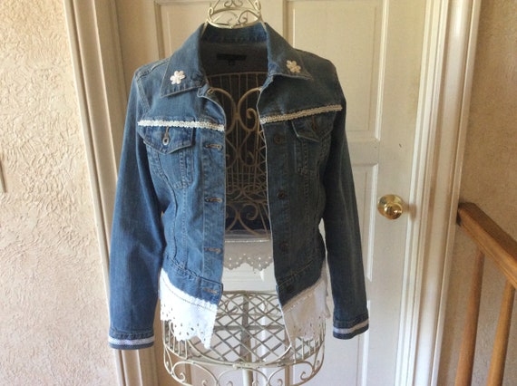 Upcycled Lace and Pearls Denim Jean Jacket Size Small | Etsy