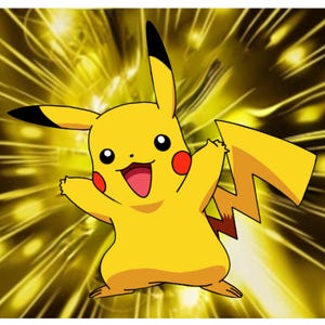 May include: A cheerful yellow Pikachu character with black-tipped ears, red cheeks, and a lightning bolt tail. The character is smiling with its mouth open, set against a bright yellow, radiating background.