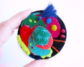 Ethno Fabric Neon Brooch - Broderie - Bordado - Embroidered Jewelry - Blue Tassel Brooch - Colorful Fabric Badge - Neon Statement Pin