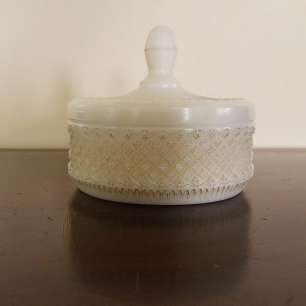 English Hobnail Milk Glass Covered Candy, Powder or Trinket Box with Lid