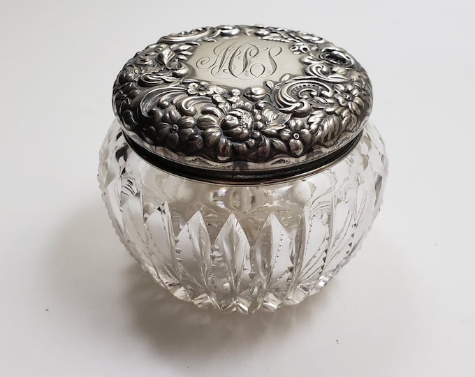 Antique Cut Crystal Jar With Decorative Floral Design Sterling Silver