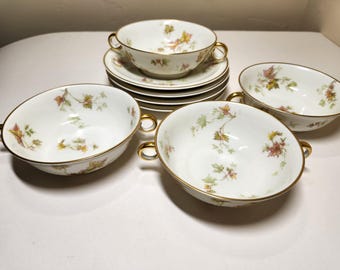 Haviland Limoges Autumn Leaf Flat Cream Soup Bowls with Under Plates, Set of 4