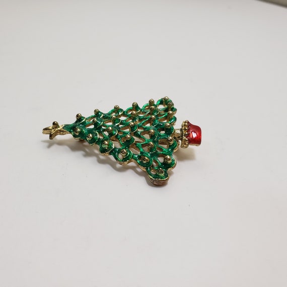 Green and Red Enamel Christmas Tree Brooch - image 4