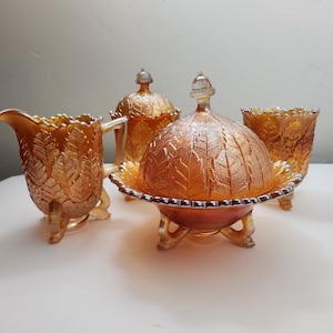 Fenton Marigold Carnival Glass with Leaf Tiers Pattern, Footed Butter, Sugar, Creamer or Spooner - Sold Separately