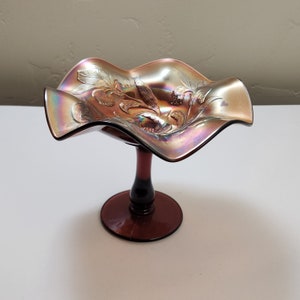 Fenton Iris Amethyst Carnival Glass Compote