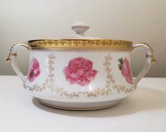 T & V Limoges Covered Vegetable Hand Painted With Cabbage Roses And Gold Garland Trim