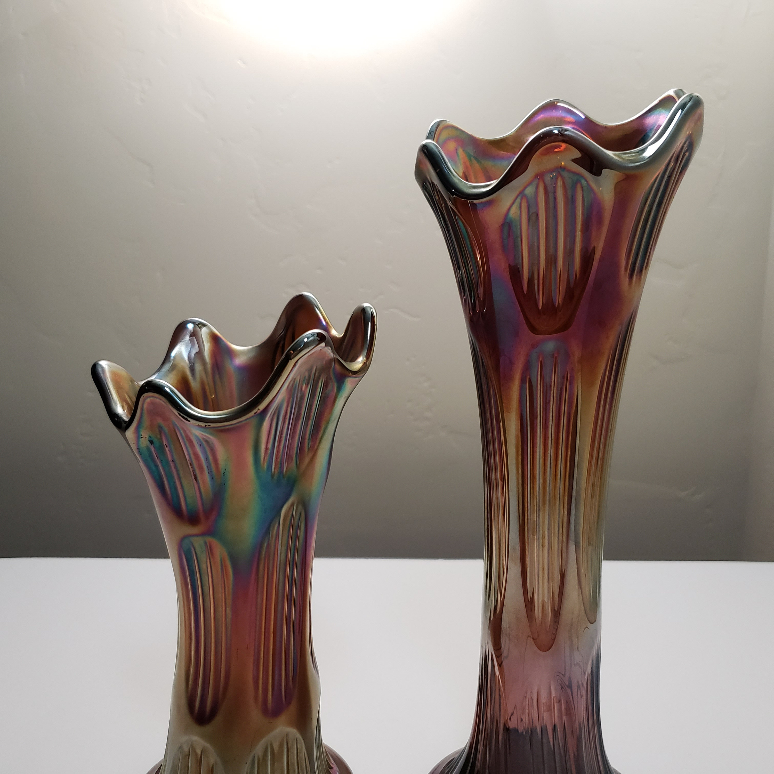 Fenton Diamond and Rib Amethyst Carnival Glass Vases - Sold