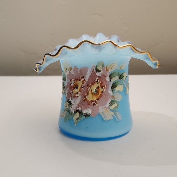 Blue Fenton Ruffled Hat Vase Hand Painted