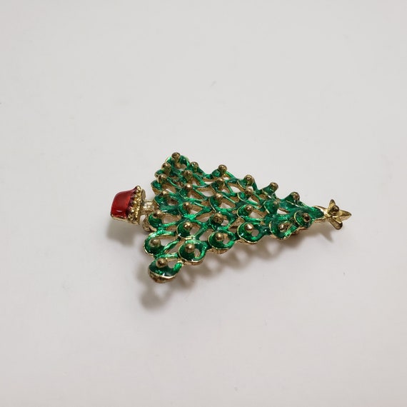 Green and Red Enamel Christmas Tree Brooch - image 5