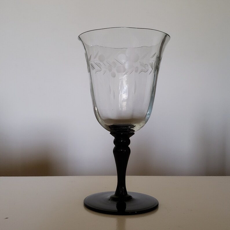 Crystal Wine Glasses With Black Stems and Floral Cut Pattern Etsy