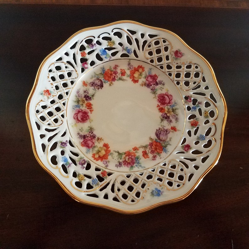 6 38\u201d Wide Schumann Reticulated Compote with Pink Flowers